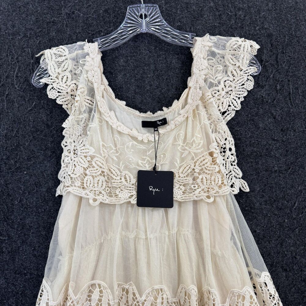Ryu Anthropologie Dress Women's Medium Beige Lace Crochet Flutter Boho Cottage - Picture 2 of 10
